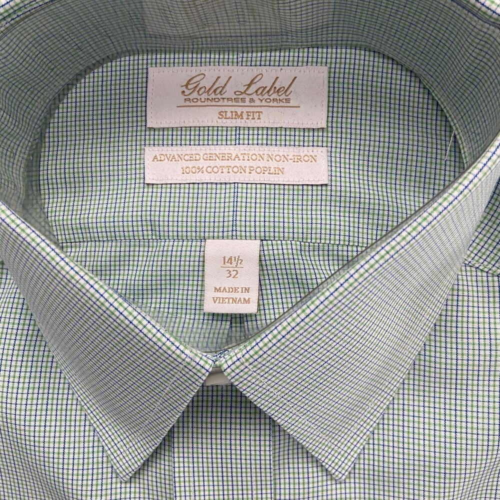 Roundtree & Yorke Shirt Men's 14.5 32 Slim Fit Cotton Poplin Green Check NWT - Picture 3 of 9